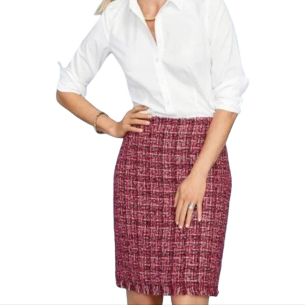 Talbots Plaid Tweed Boulce Fringe Pink Wool Blend Pencil Skirt Size 4